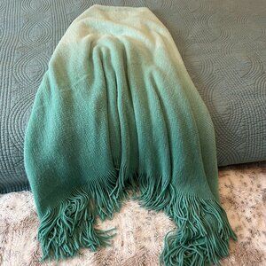 Cynthia Rowley Ombré Knit Throw Blanket • Seafoam to Ivory • Fringe Trim